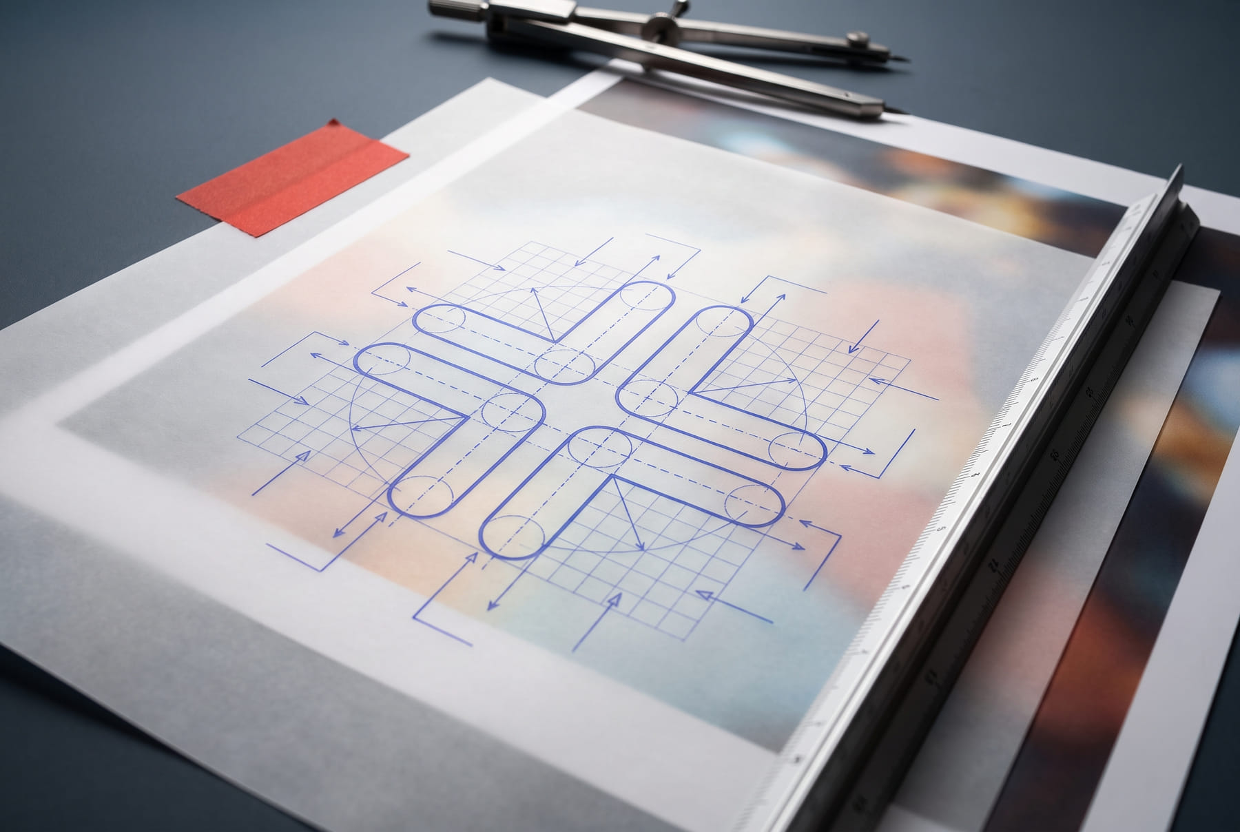 FIG.02 — a sheet of vellum over a soft-focus concept print, carrying the construction drawing of a modular symbol in blueprint linework: grid, centre lines, tangent radius circles and leader lines