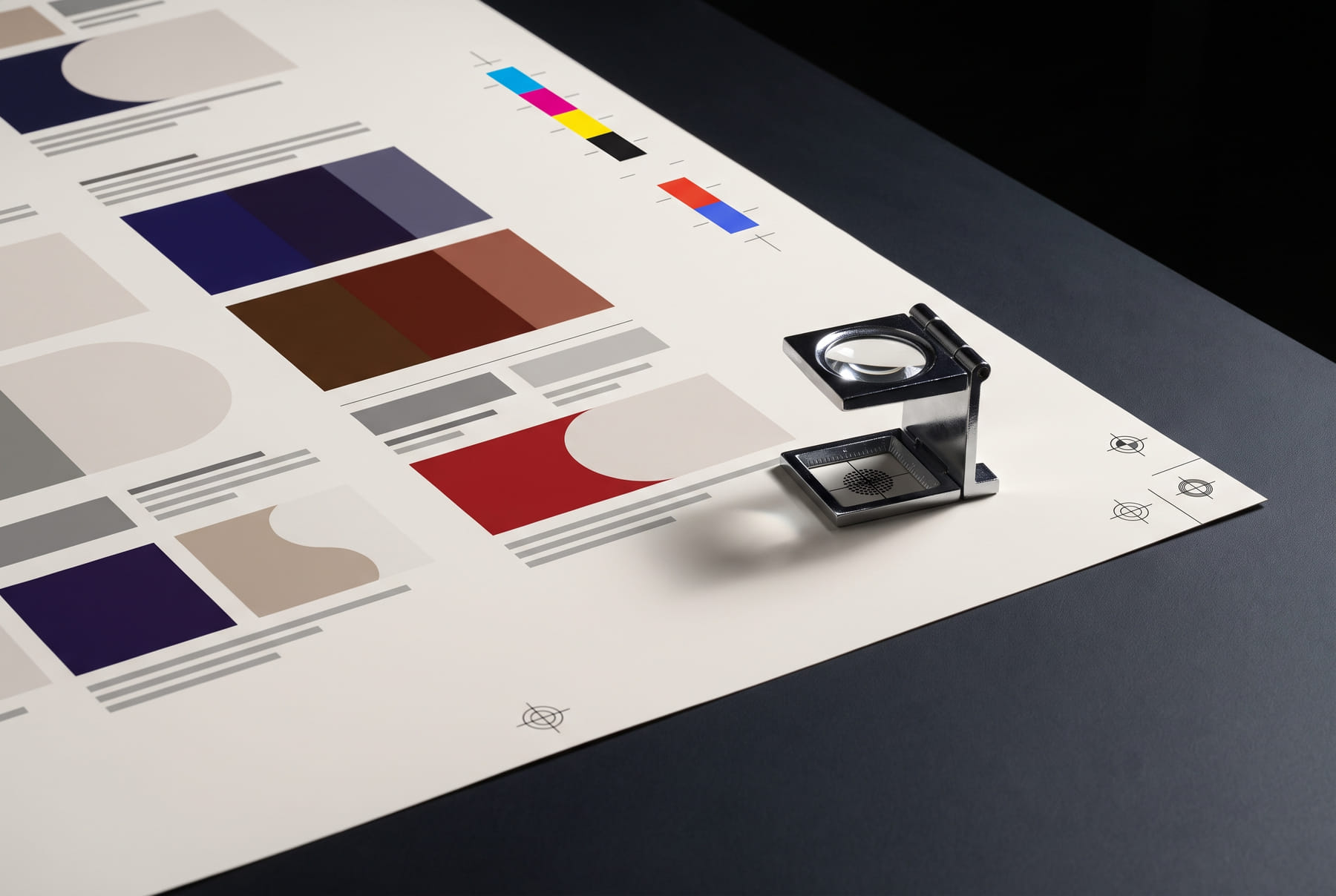 FIG.04 — a press sheet on a dark inspection bench with a colour control bar, registration targets and a printer's loupe magnifying the halftone rosette