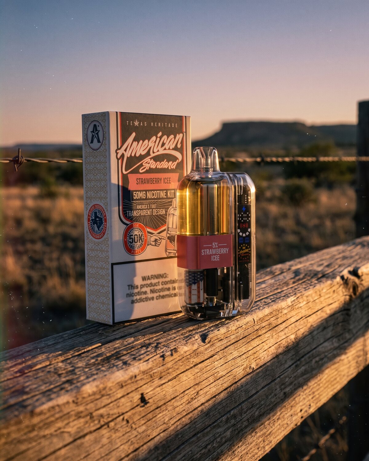 FIG.04 — the finished Strawberry Icee kit on a ranch fence rail at dusk