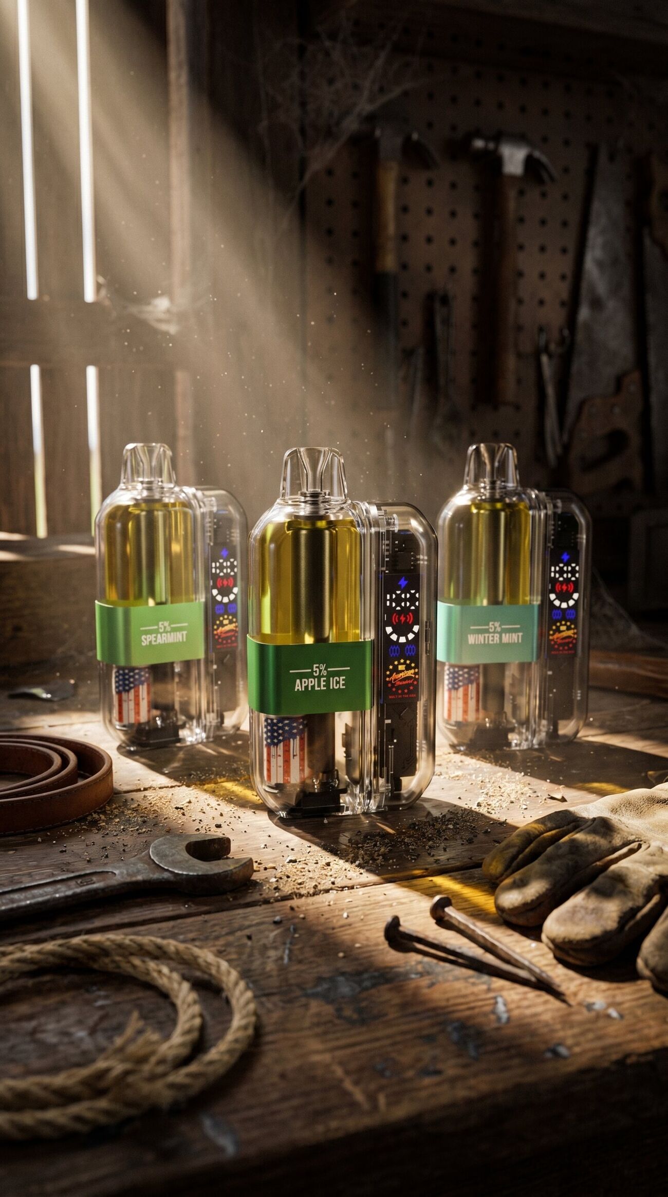 FIG.12 — three flavors on a barn workbench, light falling through the boards