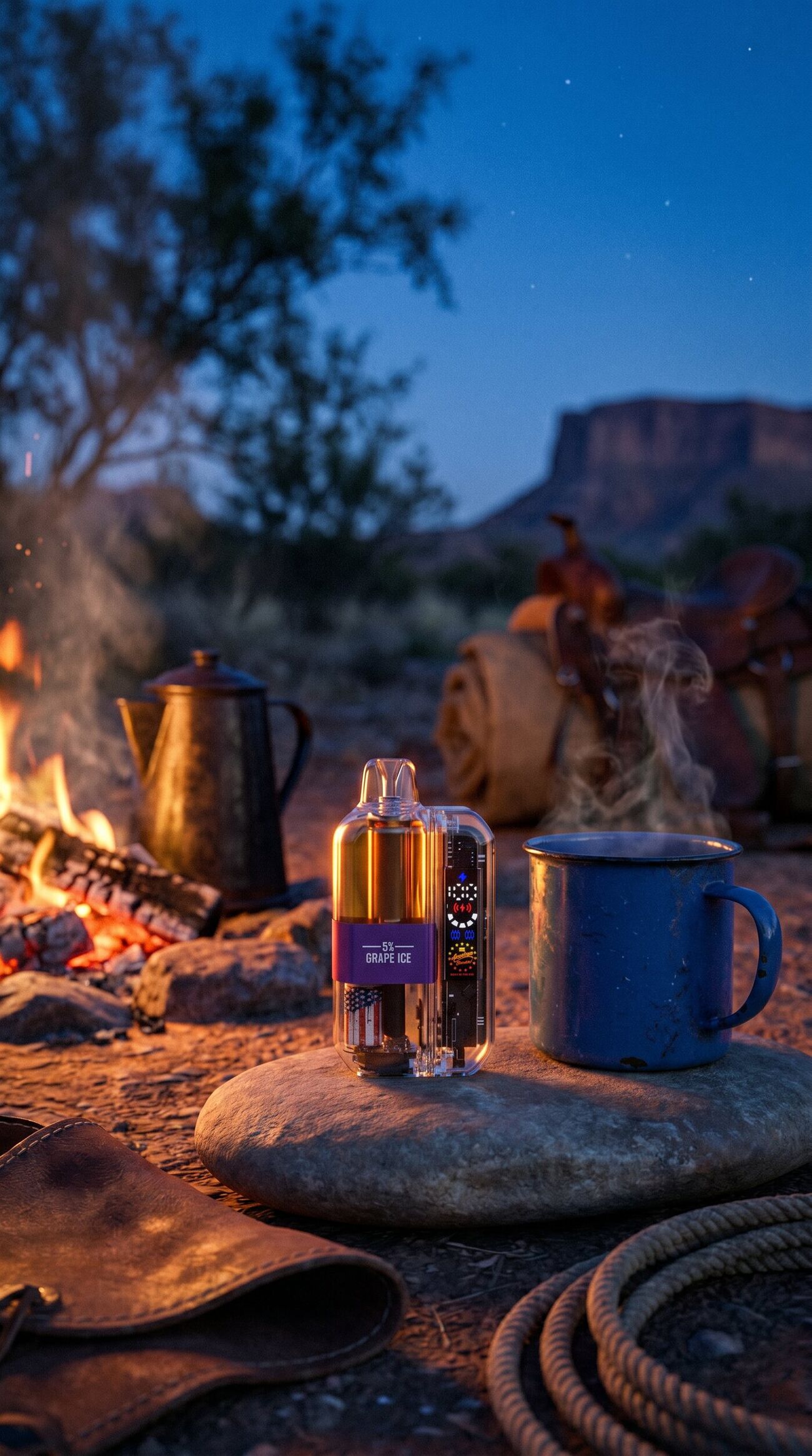 FIG.13 — Grape Ice beside a campfire and an enamel mug at dusk