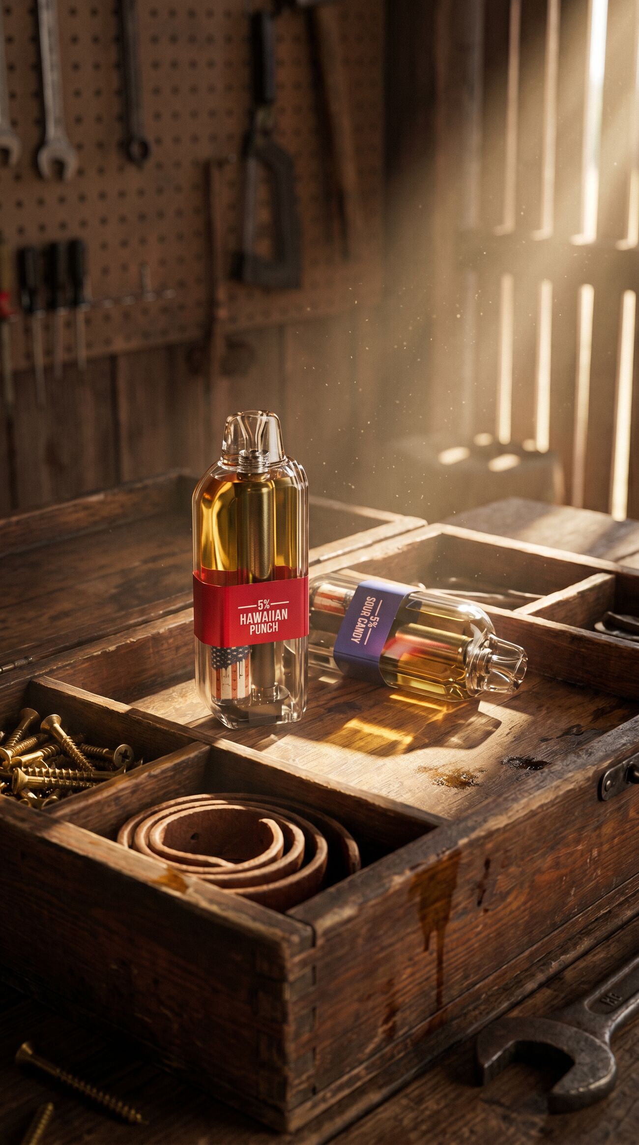 FIG.10 — a Hawaiian Punch two-pack on a workbench beside an open toolbox