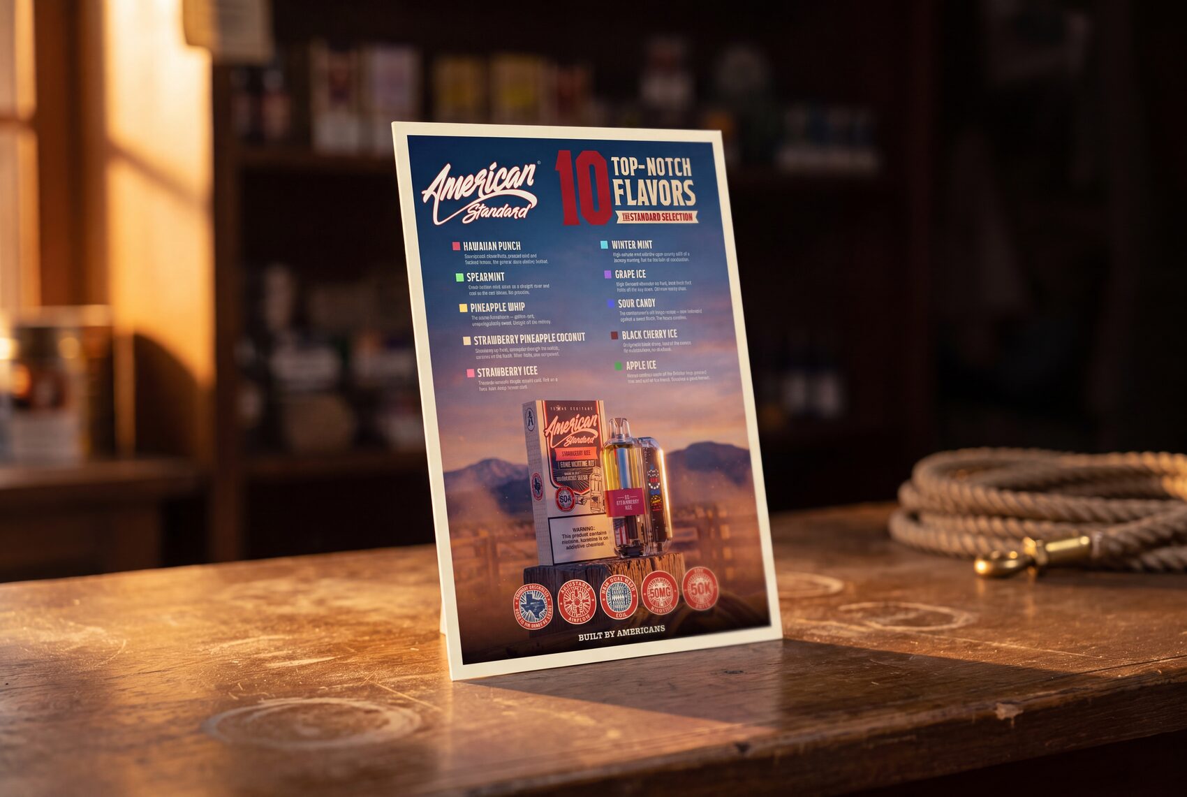 FIG.09 — the counter flavor card standing on a shop counter at golden hour