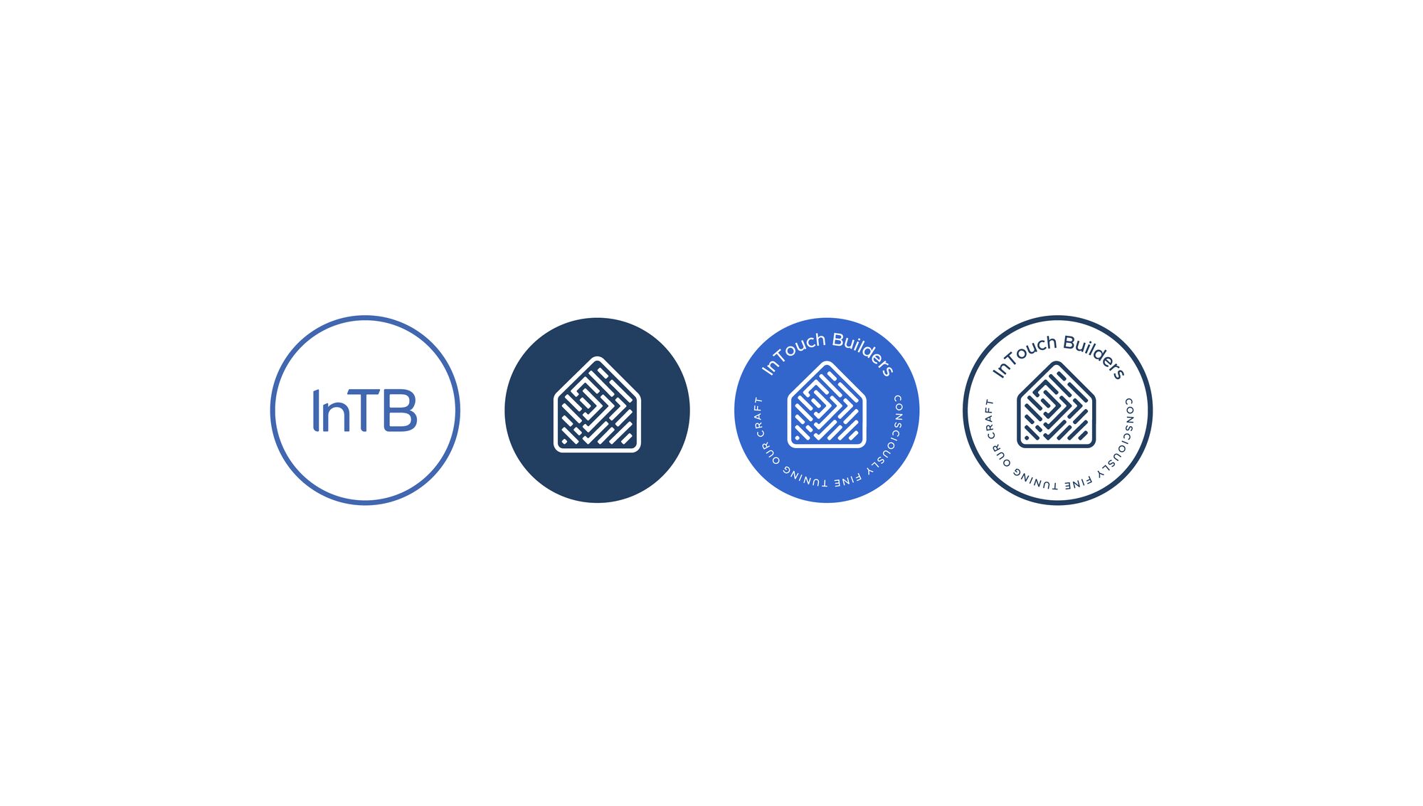 FIG.06 — the badge variants: the InTB monogram, the symbol solid, and two roundel lockups for stamps and small applications