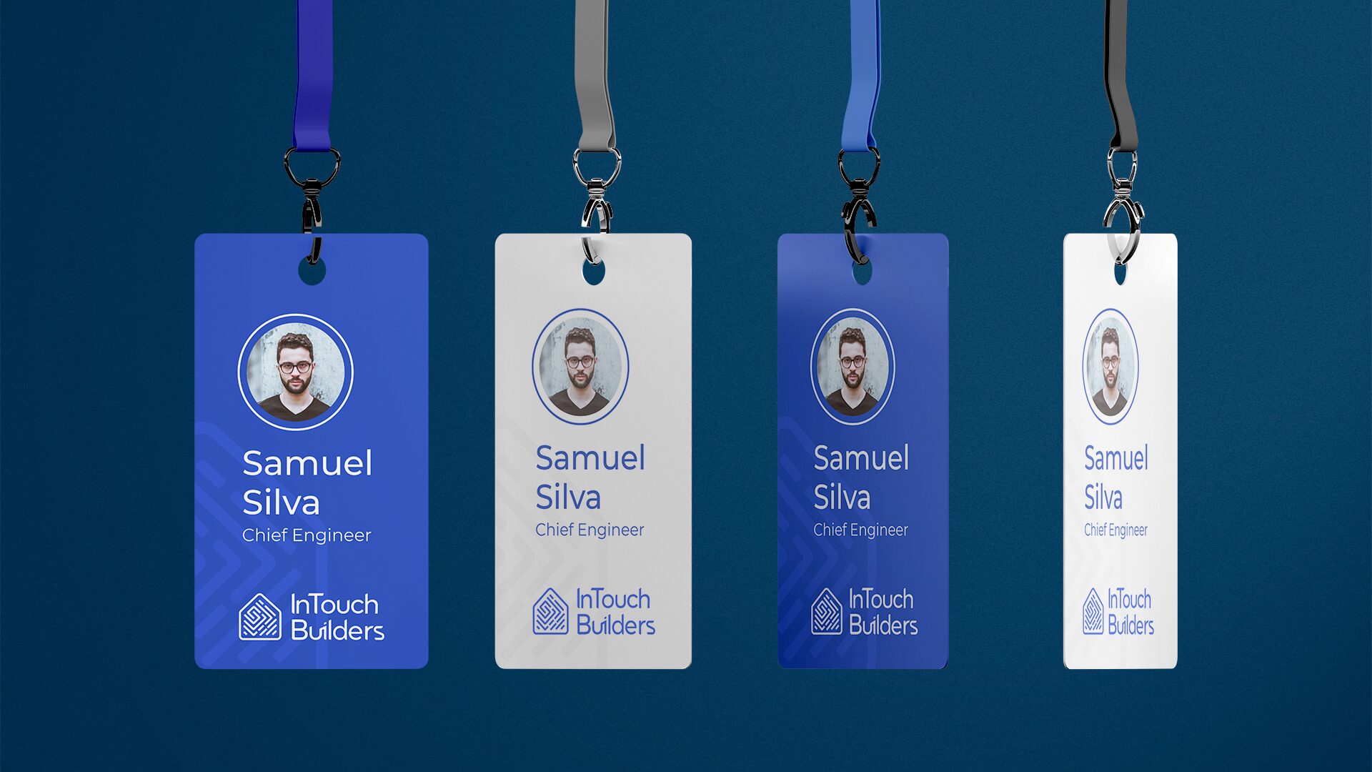 FIG.12 — four staff passes on lanyards showing the site team, alternating blue and white colourways
