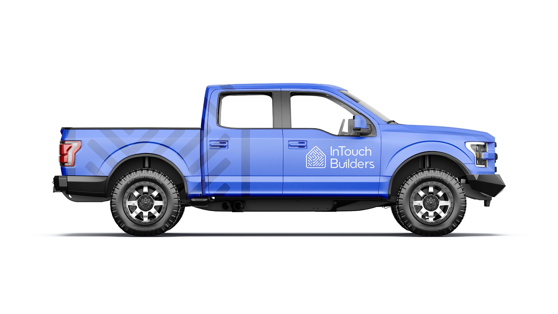 FIG.15 — a blue crew-cab pickup in side profile with the lockup on the door and a tonal symbol across the bed