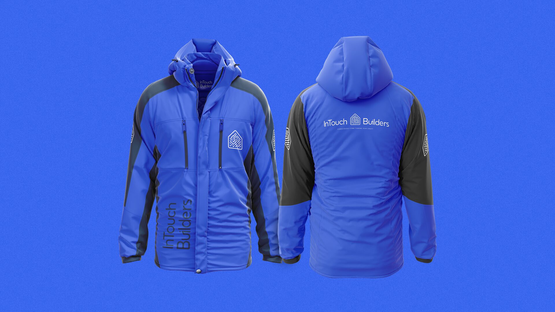 FIG.13 — site jackets front and back in Mediterranean Blue, the symbol on the chest and the full lockup across the shoulders