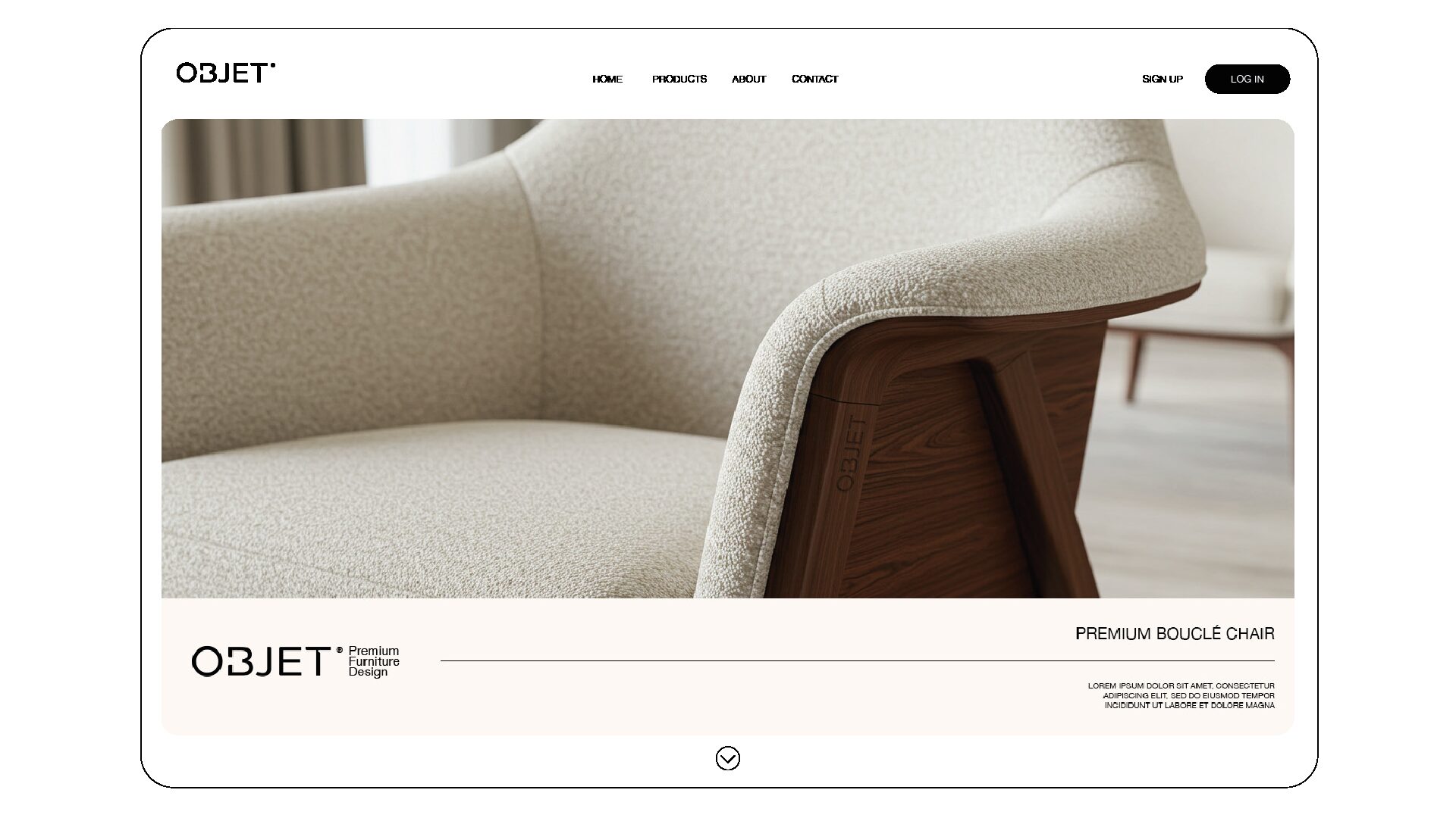 FIG.02 — the Objet site product page, a bouclé and walnut chair filling the frame above a cream detail bar