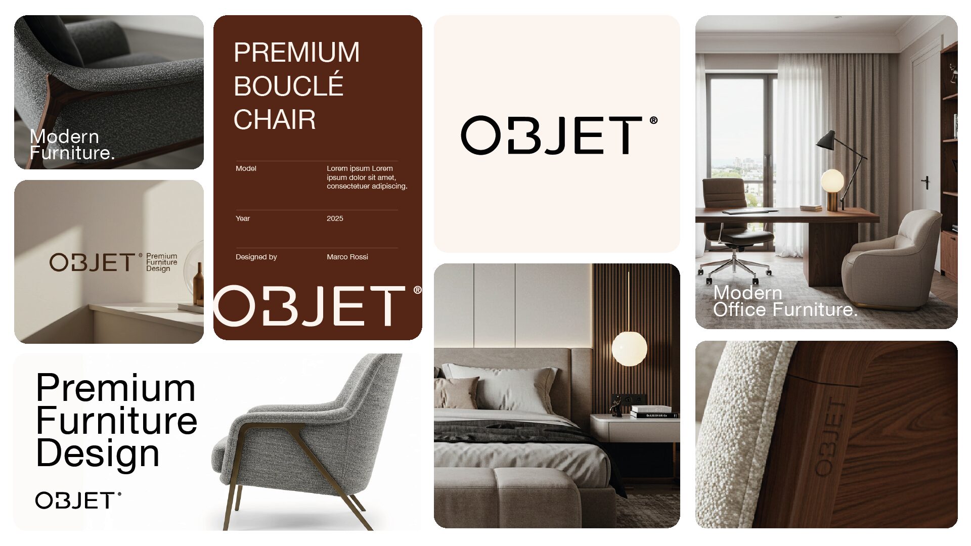 FIG.01 — the Objet brand grid: wordmark tile, an oxblood product card, interior photography and material crops arranged as one board