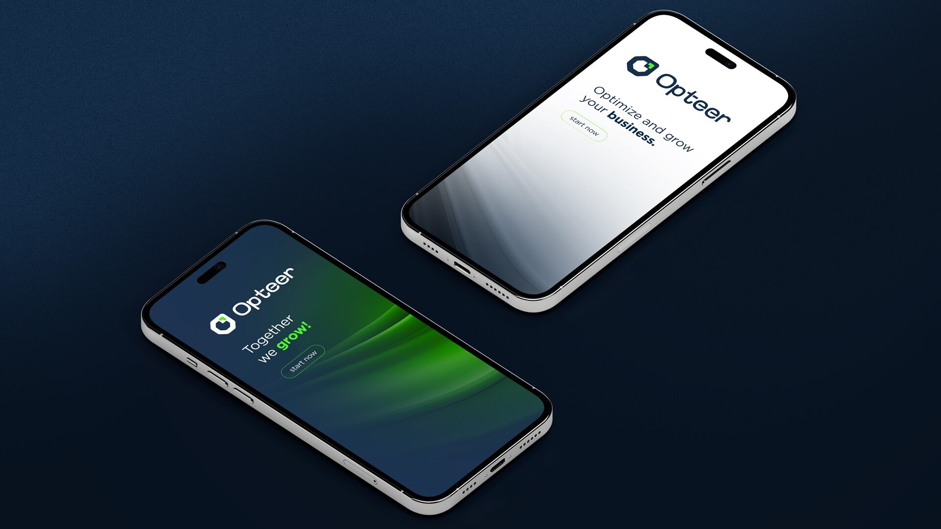 FIG.05 — two phones floating on navy, one showing the Opteer splash screen and one the aurora key visual