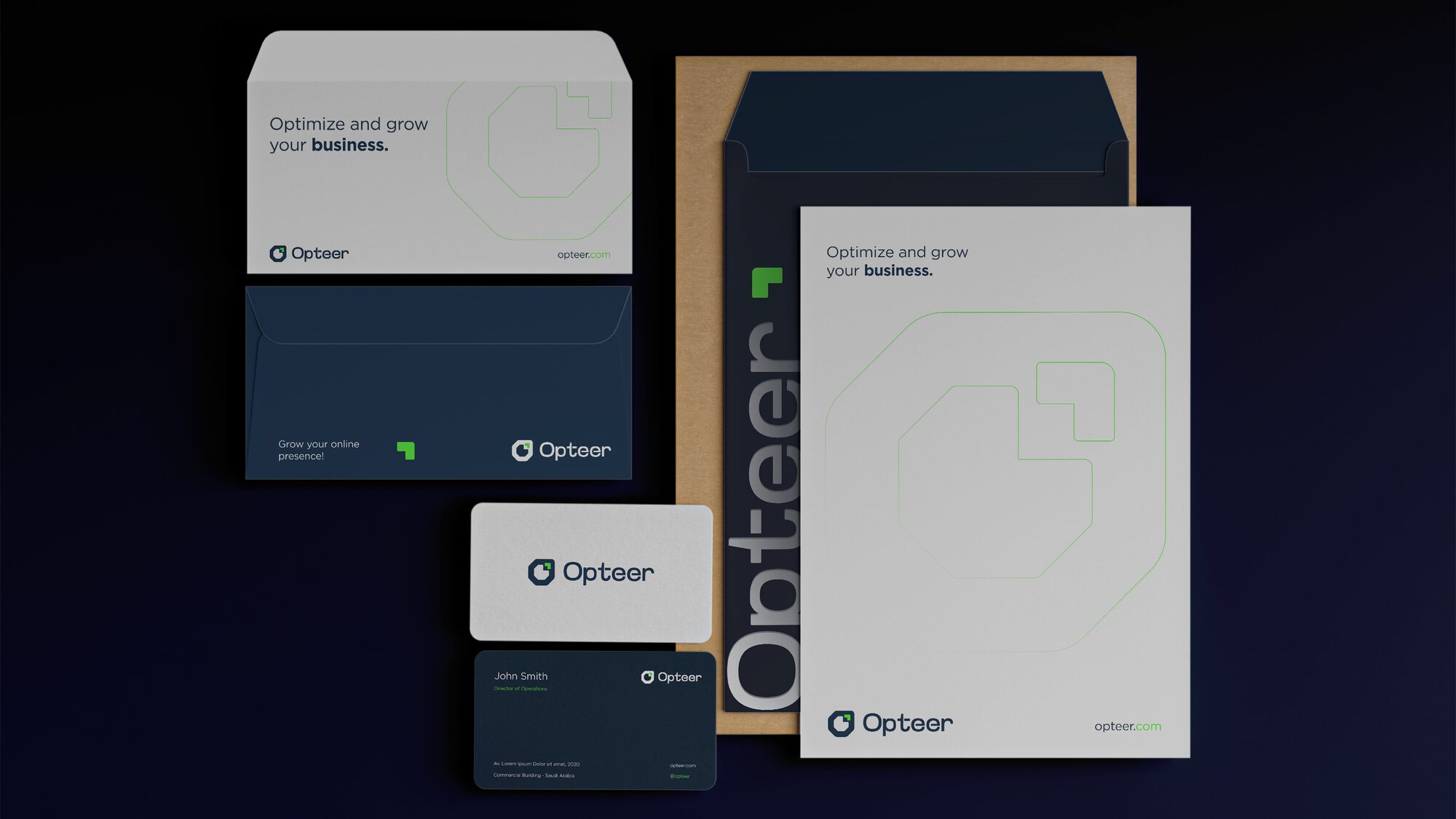 FIG.04 — the Opteer stationery set laid out on navy: letterhead, envelopes, folder and cards