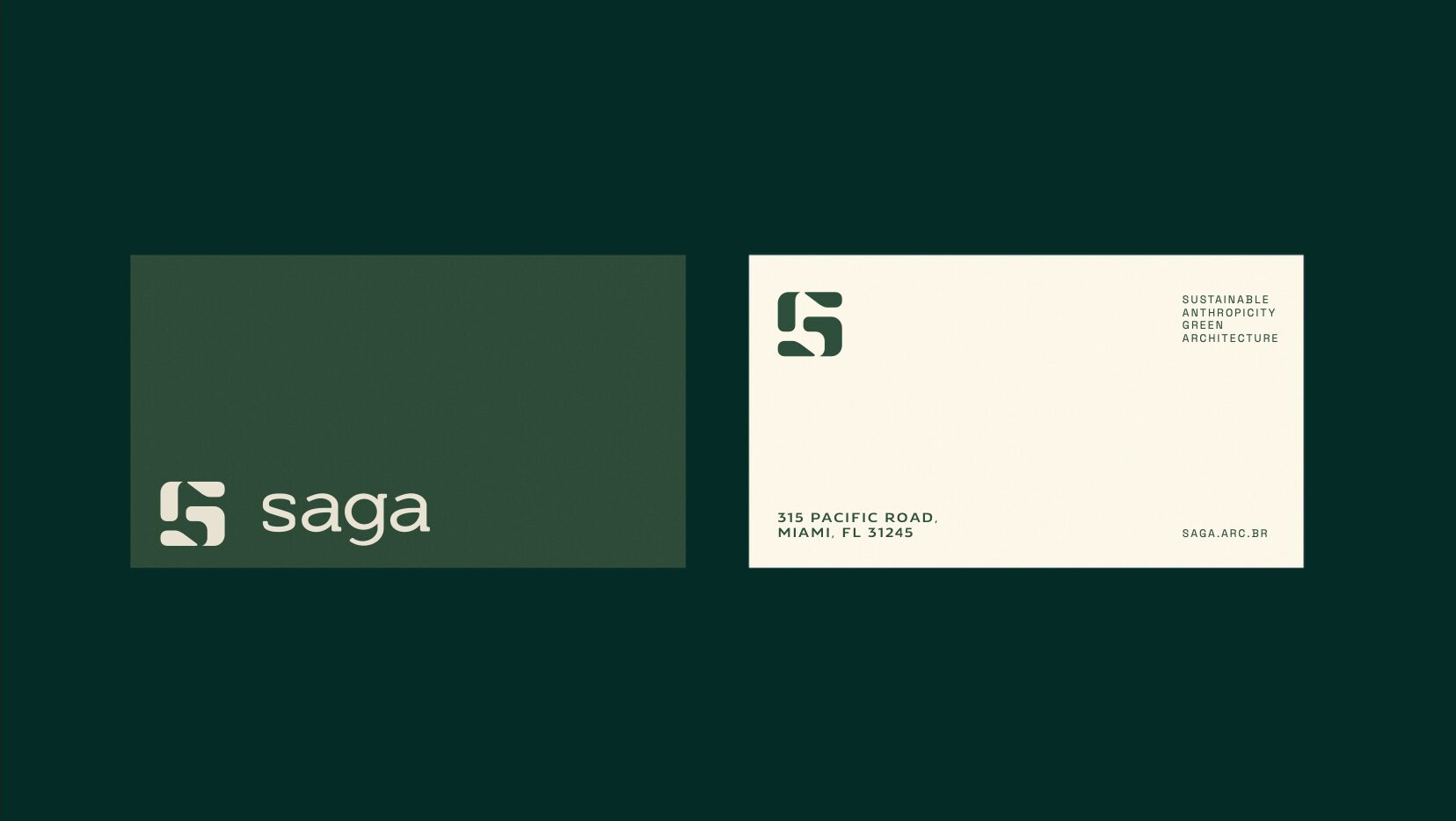 FIG.04 — both faces of the Saga business card, cream lockup on green and the contact face carrying the practice descriptor and address